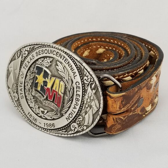 Unbranded Other - 1985 Belt Buckle With Tooled Leather Belt Texas Sesquicentennial Celebration USA